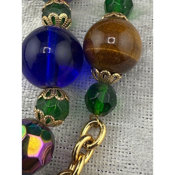 Layered Beaded Necklace Blue AB Gold Tone 26" - Picture 5 of 9